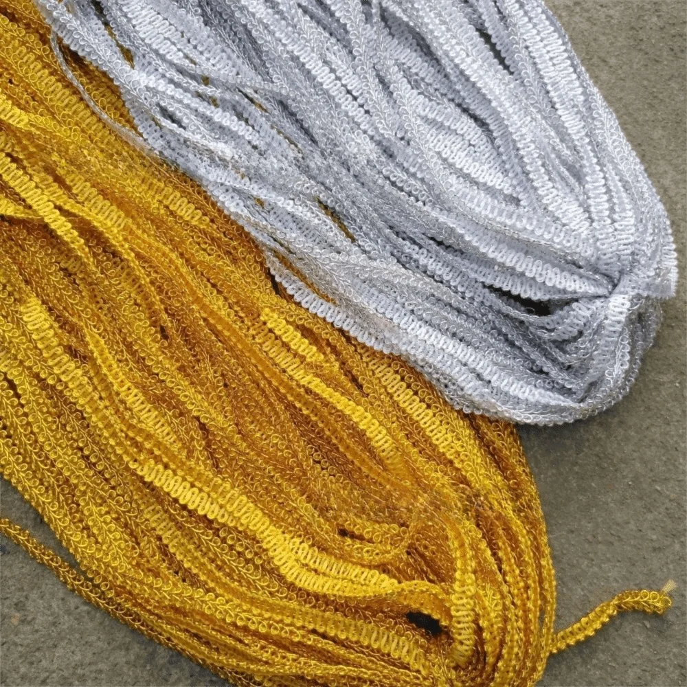 42M Herringbone Lace Trim 8mm – Gold Silver Jacquard Ribbon
