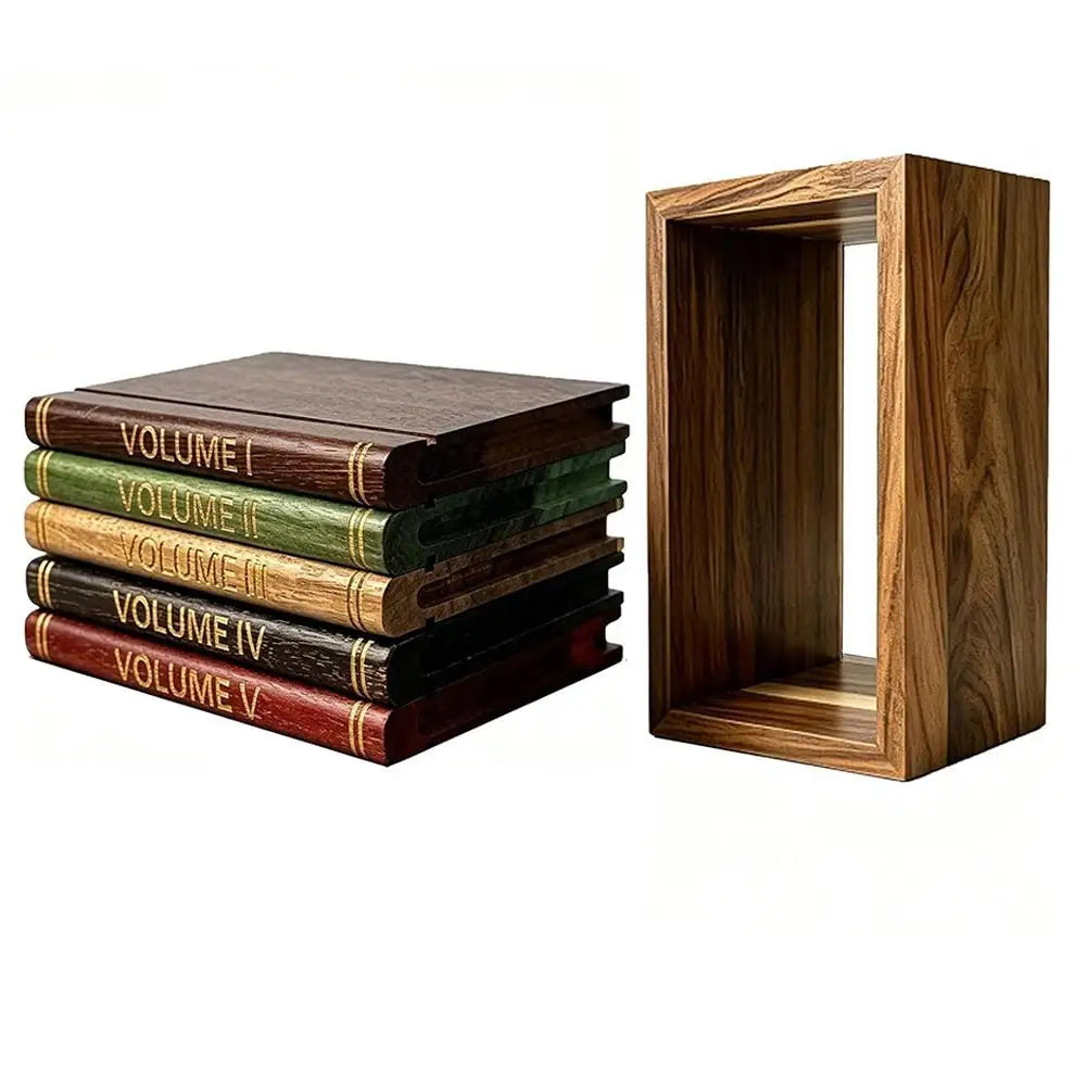 Wooden Book Coaster Set – 5 Acacia Drink Mats with Holder