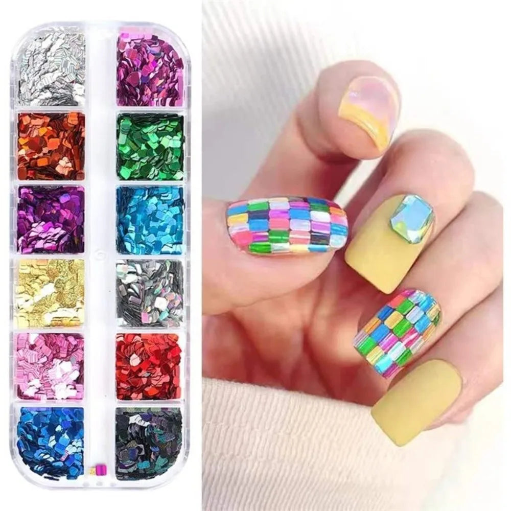 12-Grid Holographic Nail Art Sequins – Laser Glitter Flakes