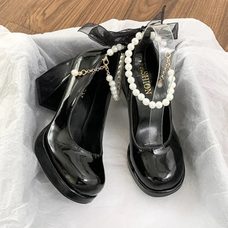 LEDP Pearl Bow Mary Jane Pumps – Women's Square Heel Party Shoes