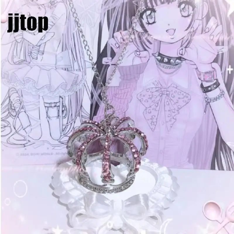 3D Rhinestone Crown Pendant Necklace – Long Sweater Chain