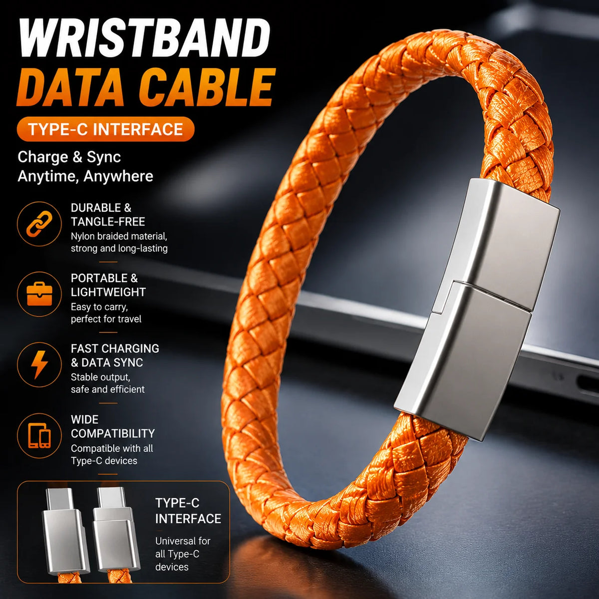 USB-C Bracelet Charging Cable – 240W Fast Charge Wearable Cord