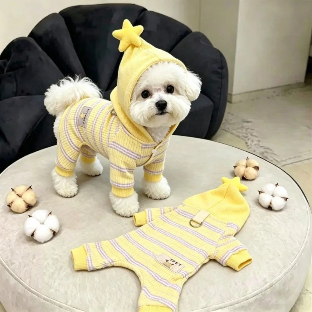 Striped Dog & Cat Hooded Jumpsuit | Built-In Harness D-Ring