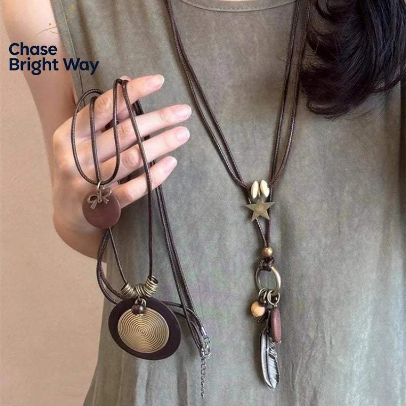 Vintage Boho Metal Feather Necklace – Long Layered Pendant