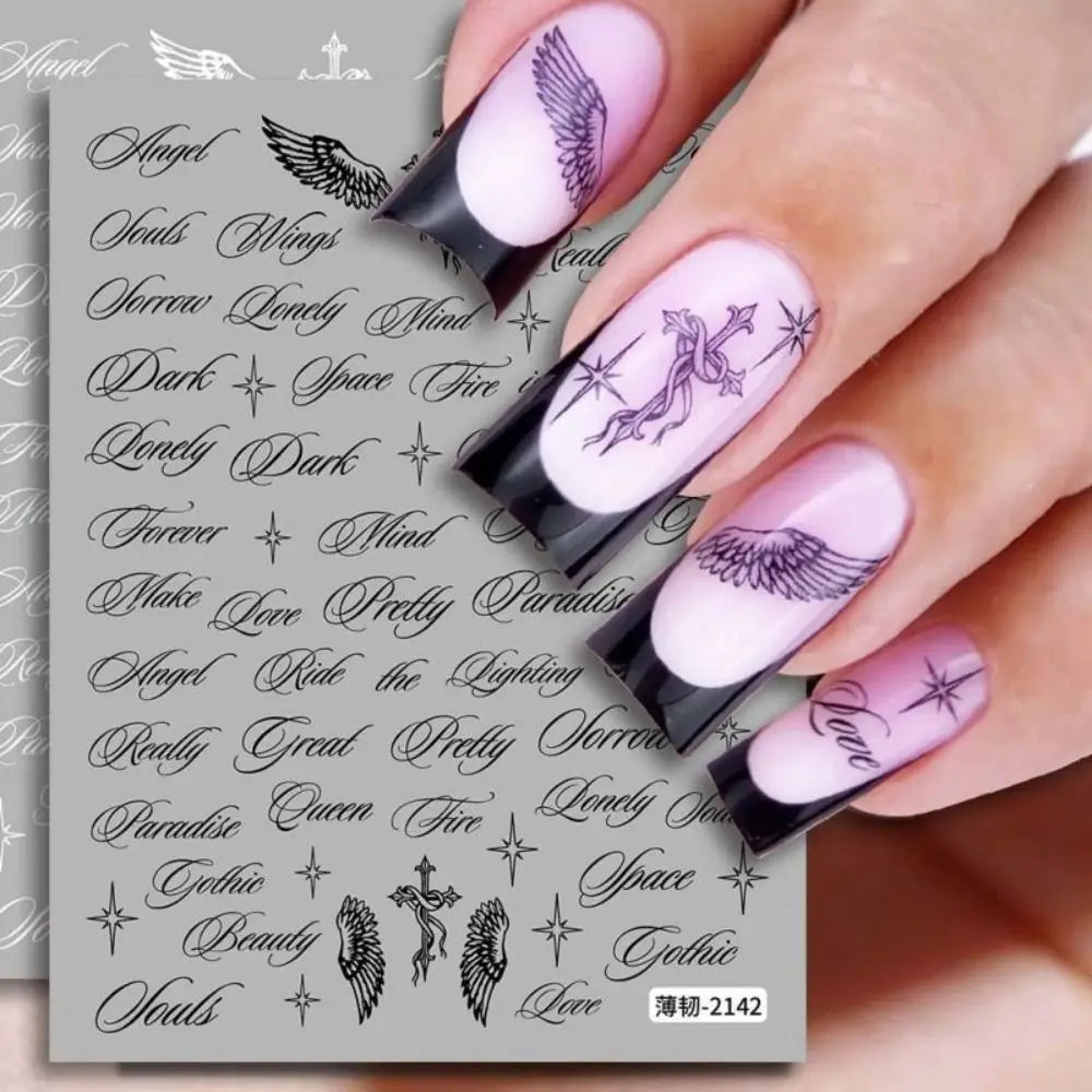 Y2K Wing & Letter Nail Art Stickers – Black & White Decals
