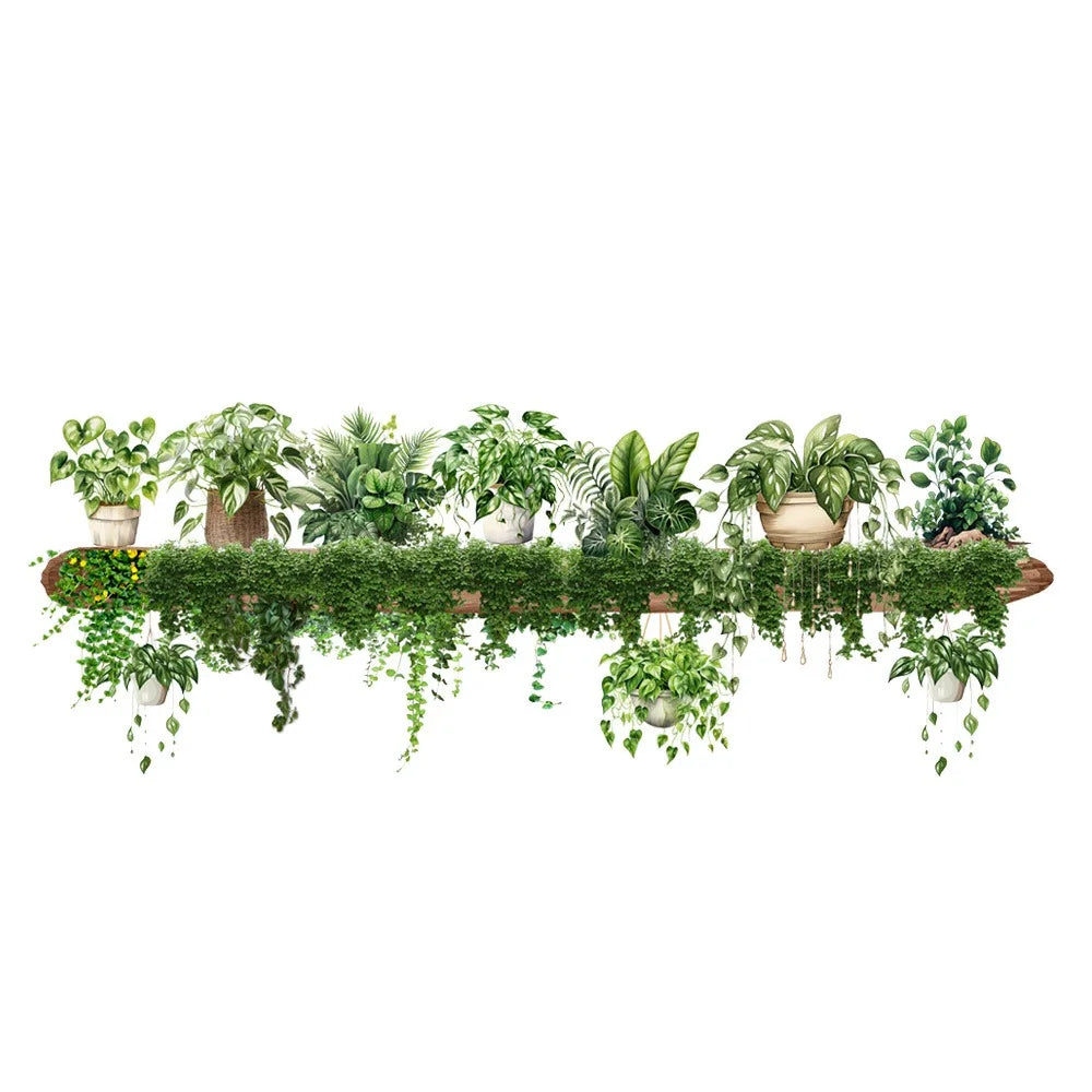 Green Vine Leaf Wall Sticker – Botanical PVC Decal | Hanging Basket