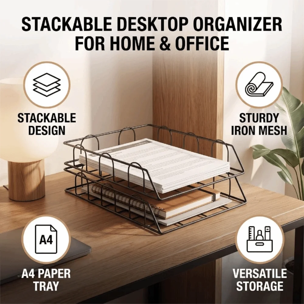 3-Pack Black Metal Mesh File Tray – Stackable Desk Organizer