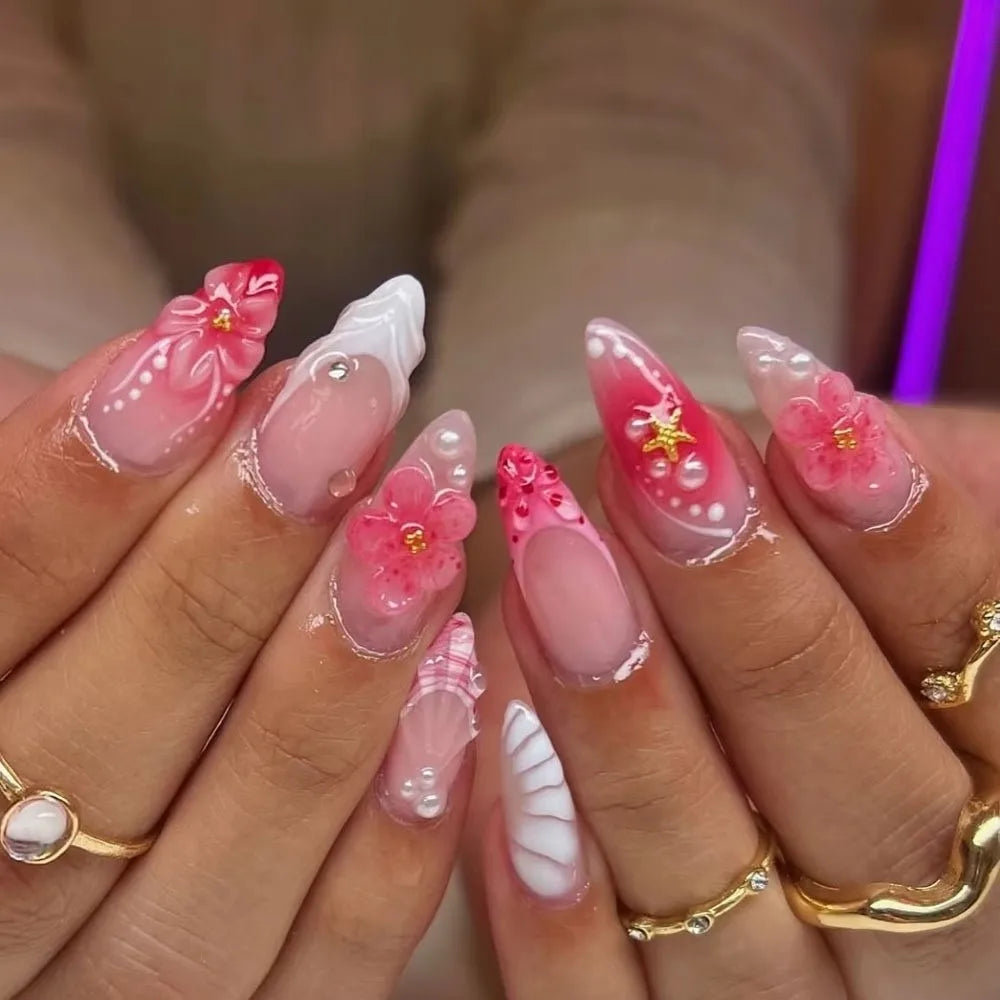 24-Pack French Almond Press On Nails – Pink Flower Full Cover