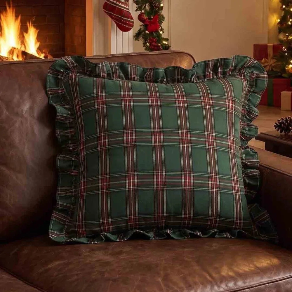 Tartan Plaid Throw Pillow Cover 18x18 Burnt Orange Ruffle Trim
