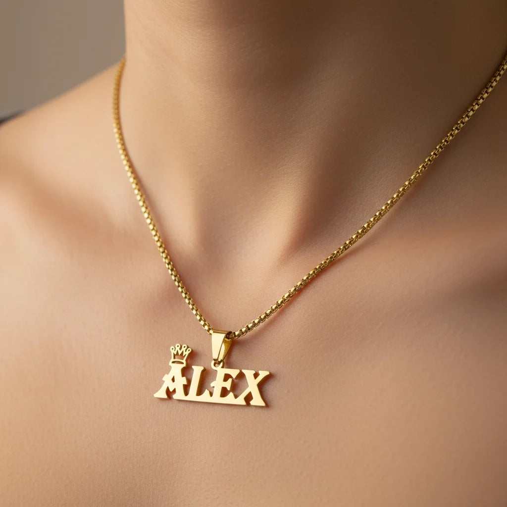 Custom Name Necklace 18K Gold Crown Pendant | Stainless Steel