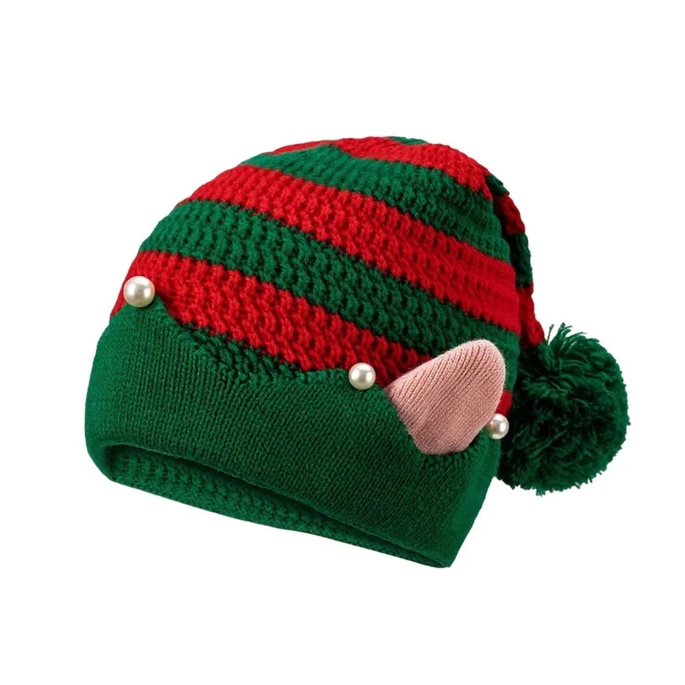 Knitted Christmas Elf Hat – Striped Jacquard Cap with Pom-Pom