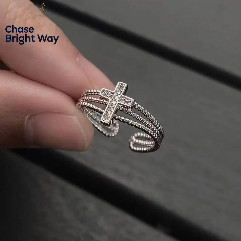 Y2K Vintage Cross Adjustable Ring – Silver Cubic Zirconia