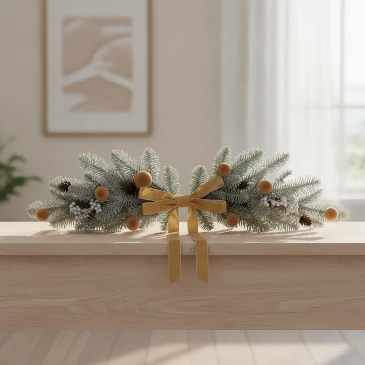 Christmas Wall Swag – Red Velvet Fir Garland with Ornaments