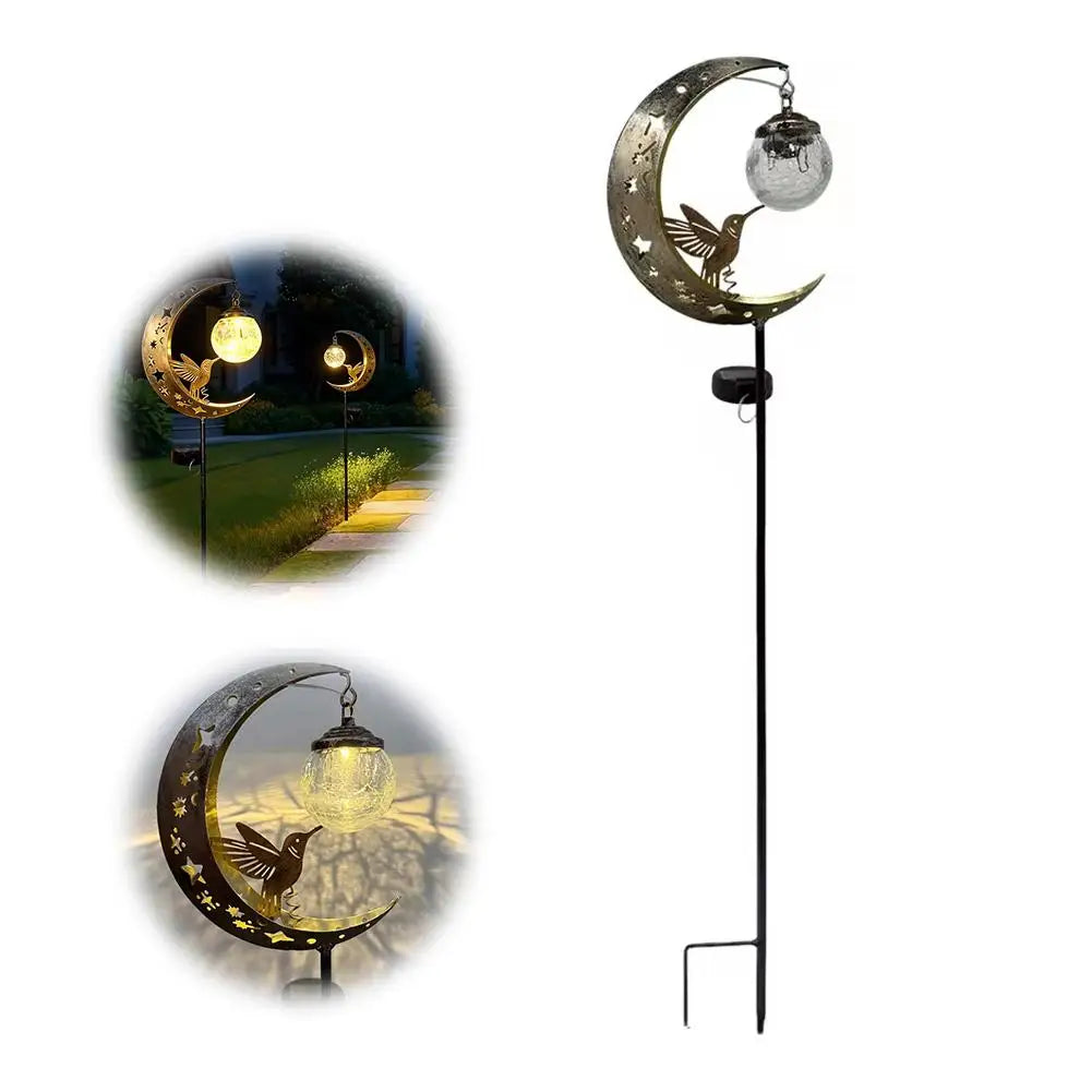 Solar Hummingbird Moon Stake Light | Crackle Glass Garden Lamp