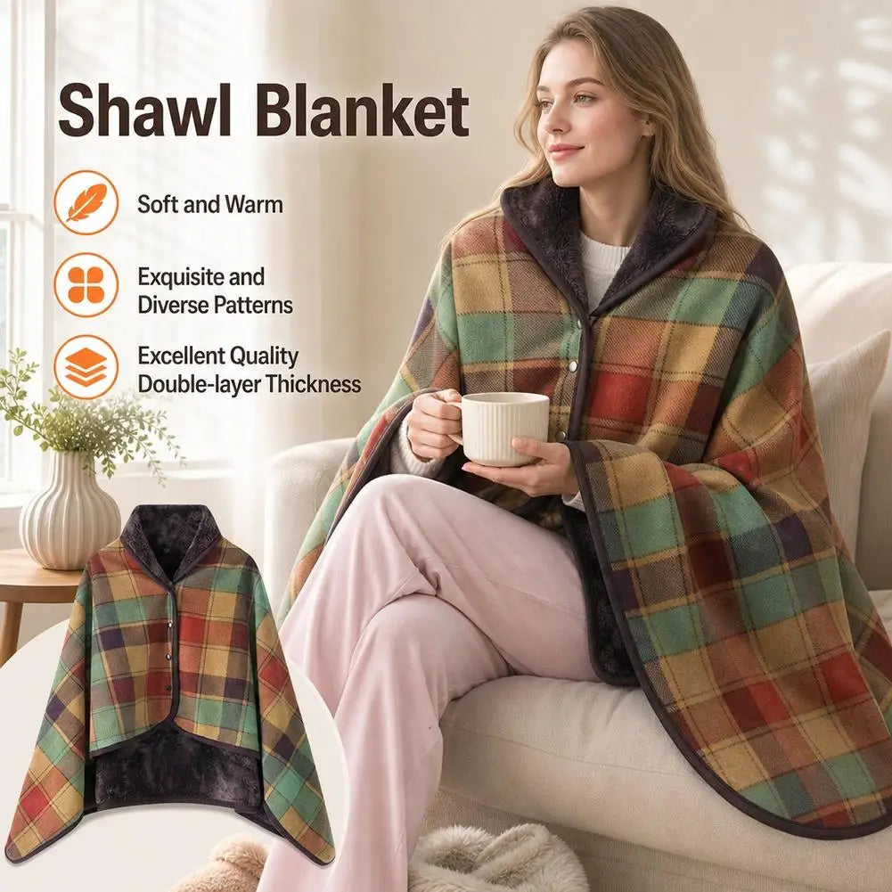 Wearable Plaid Blanket Shawl Wrap with Buttons | Fleece Throw