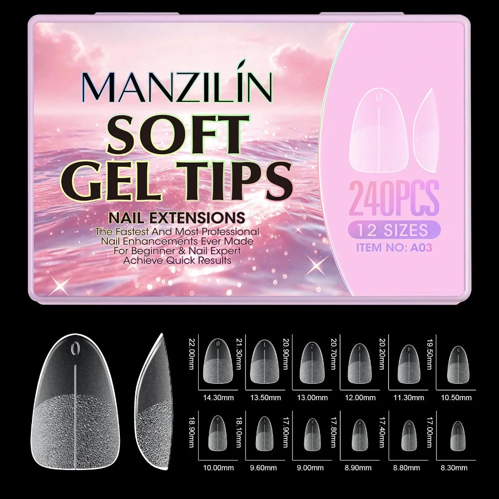 240Pcs Short Almond Soft Gel Nail Tips – 12 Sizes Full Cover