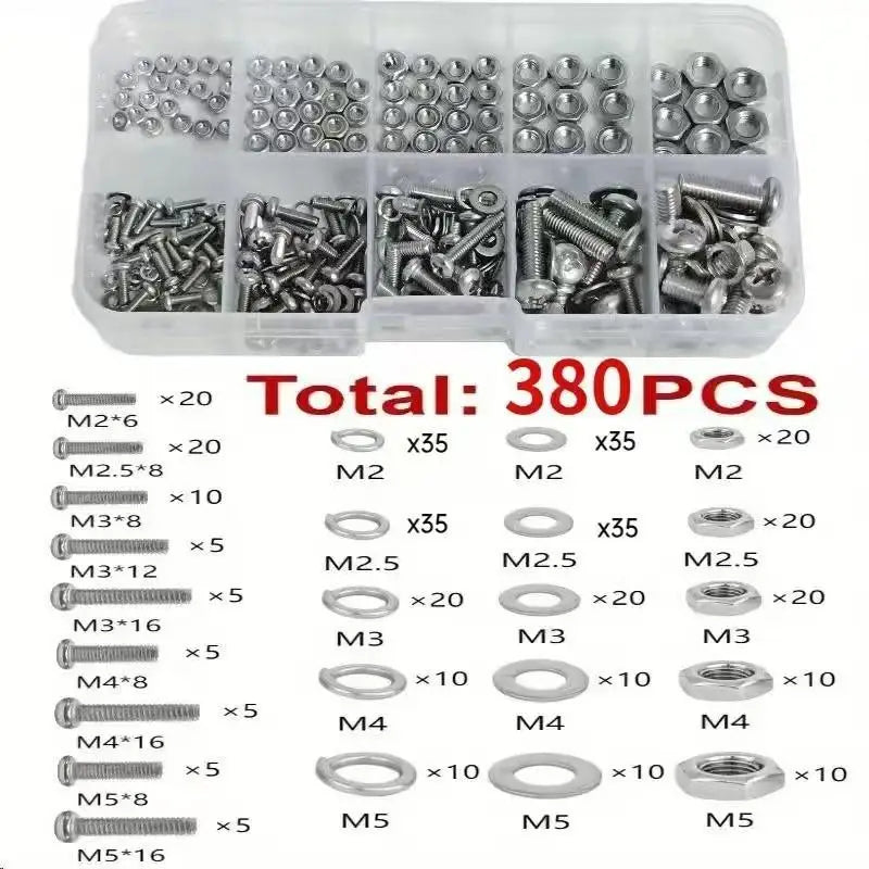M2–M5 Hex Bolt Nut & Washer Kit – 120 or 380 Pieces