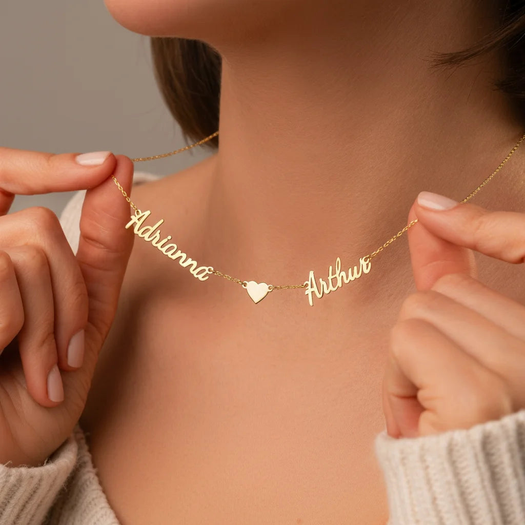 Custom Double Name Heart Necklace | 18K Gold Plated Choker