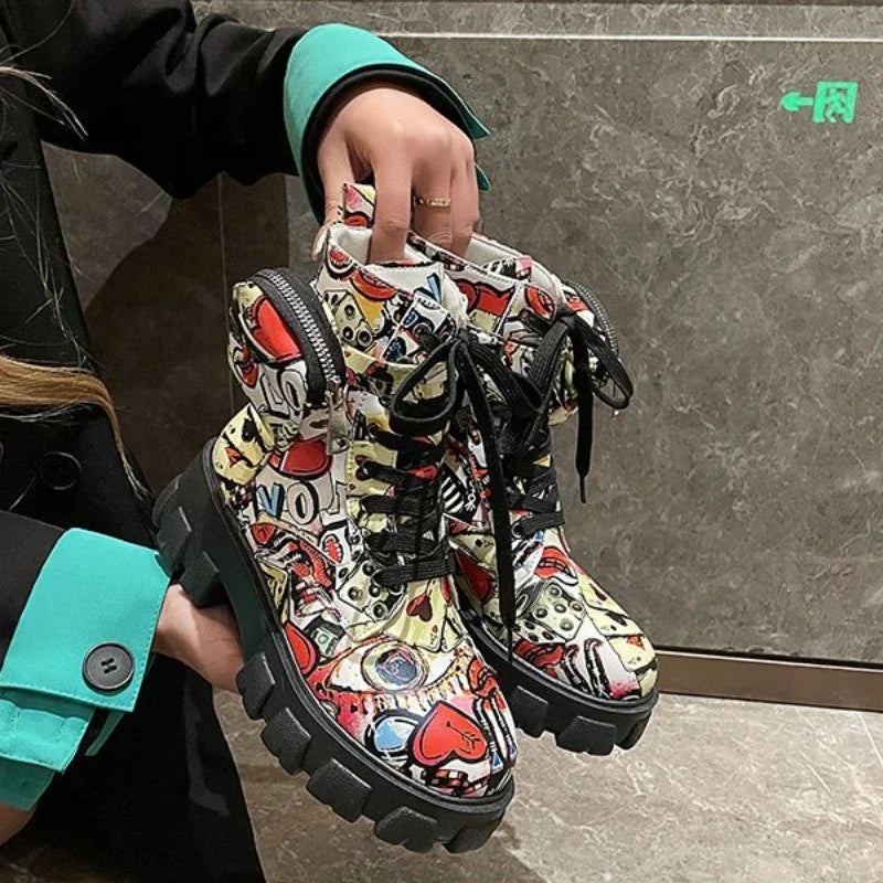 Women's Gothic Platform Ankle Boots – Printed Lace-Up Moto Style
