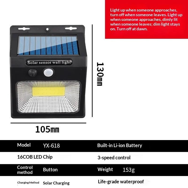 Solar Outdoor Wall Light – PIR Motion Sensor, 3 Modes, IP65