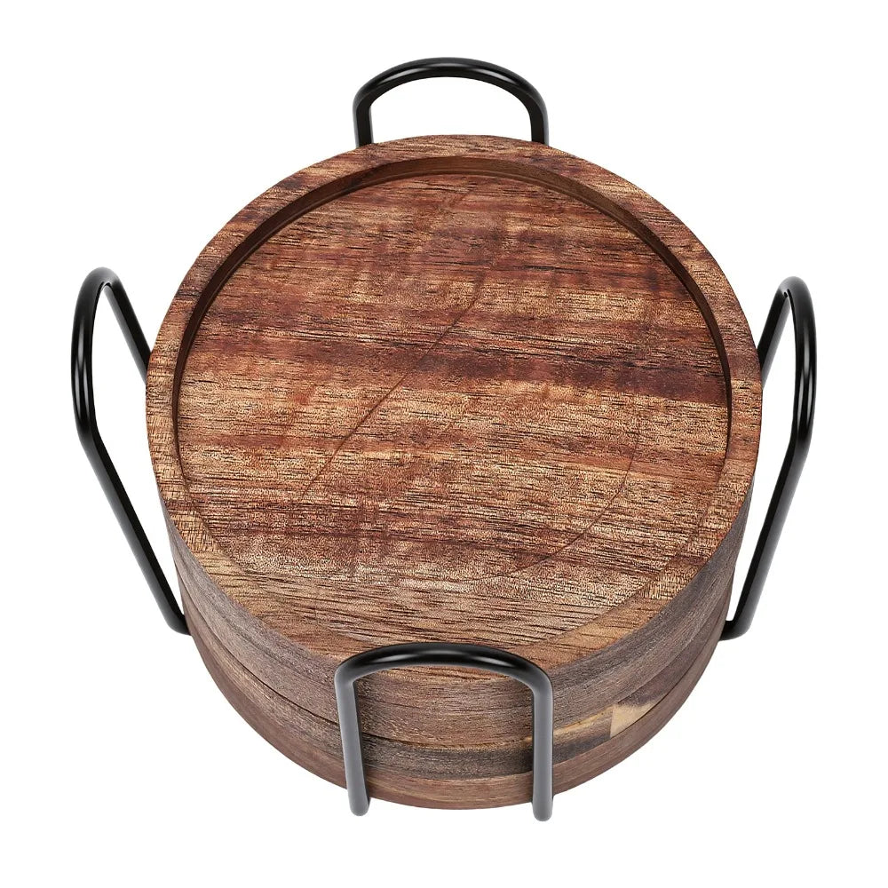 Rustic Round Wood Coasters Set of 4 with Holder | 3.9"