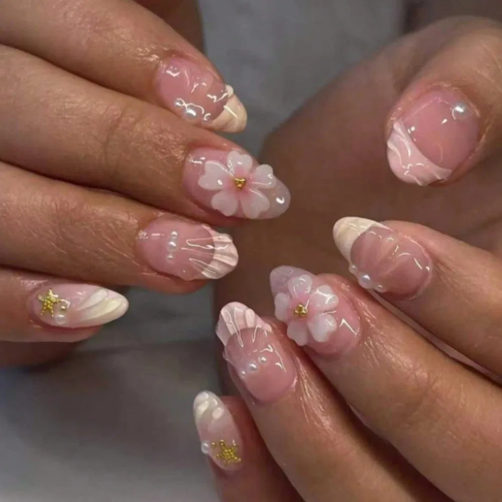 3D Floral Press-On Nails with Pearl Gel Design – 24 Pcs