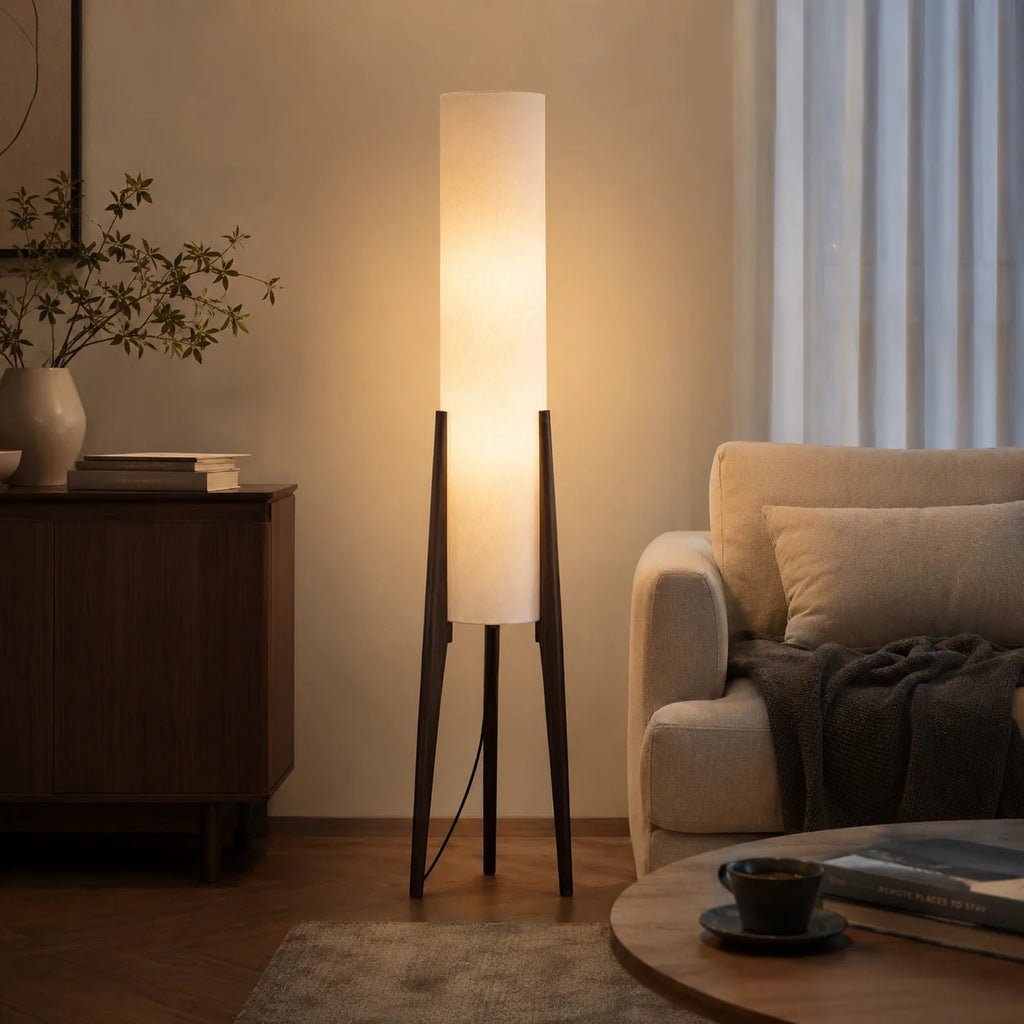 Walnut Wood Floor Lamp | Fabric Shade Warm Standing Light