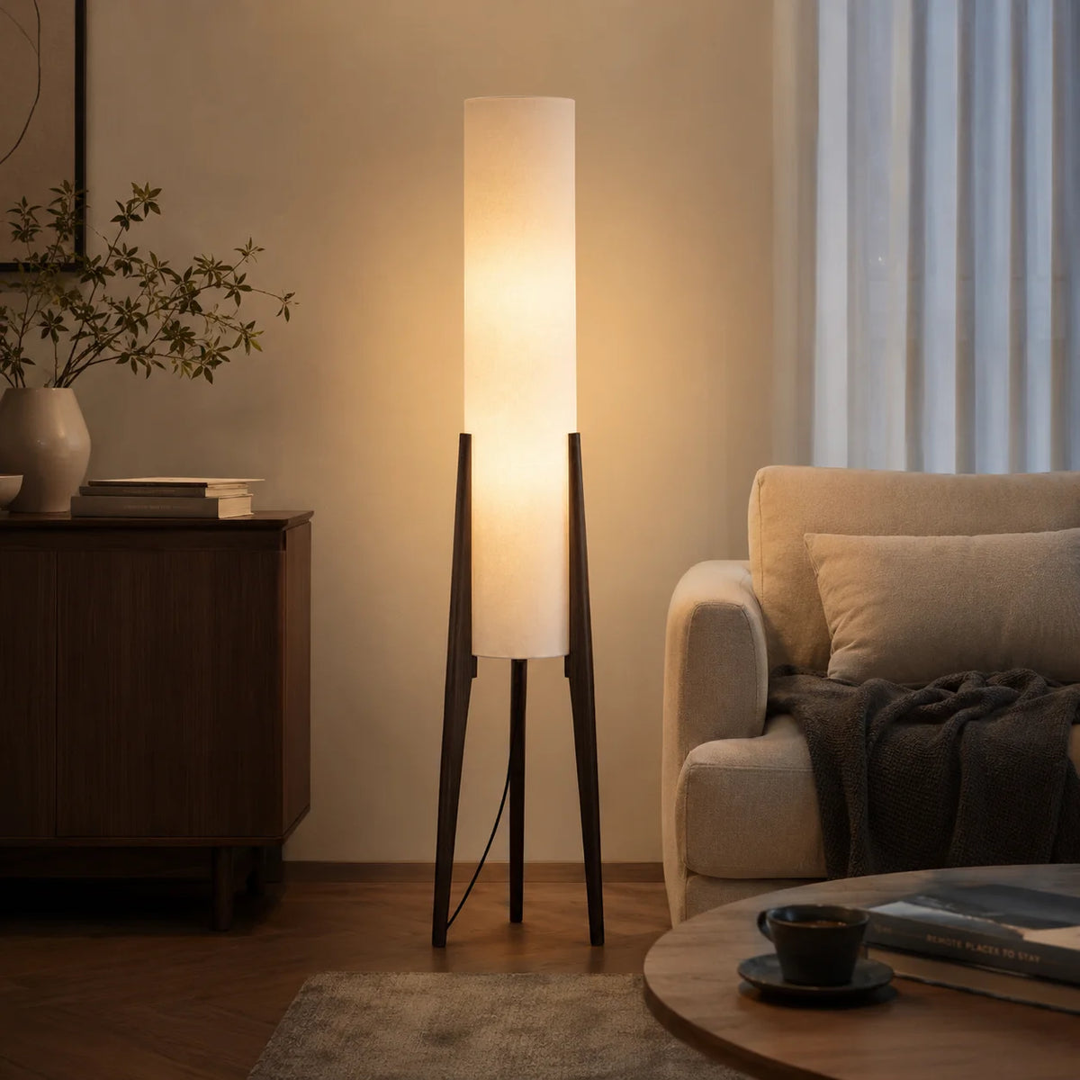 Walnut Wood Floor Lamp | Fabric Shade Warm Standing Light