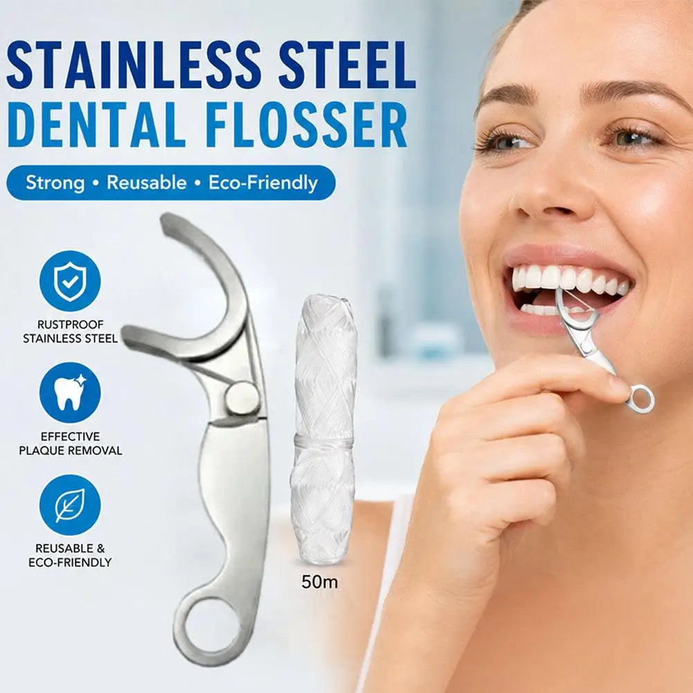 Reusable Stainless Steel Floss Pick Set – 50m Dental Floss
