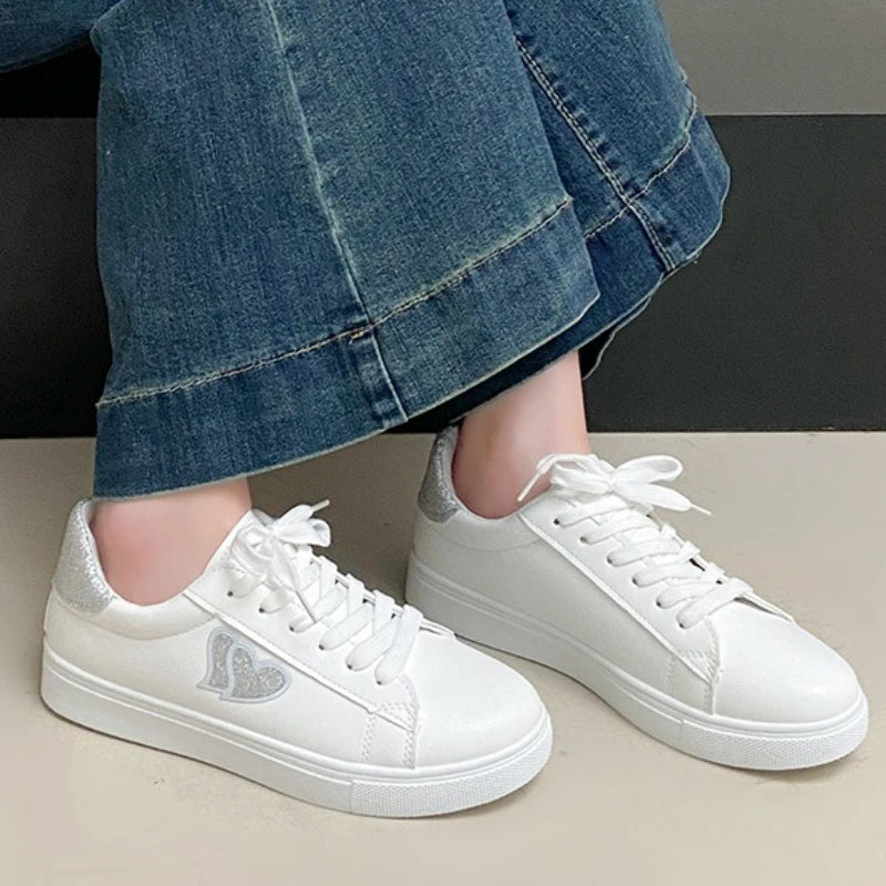 LEDP Women's Lace-Up Sneakers – Lightweight Heart Print Flat Shoes