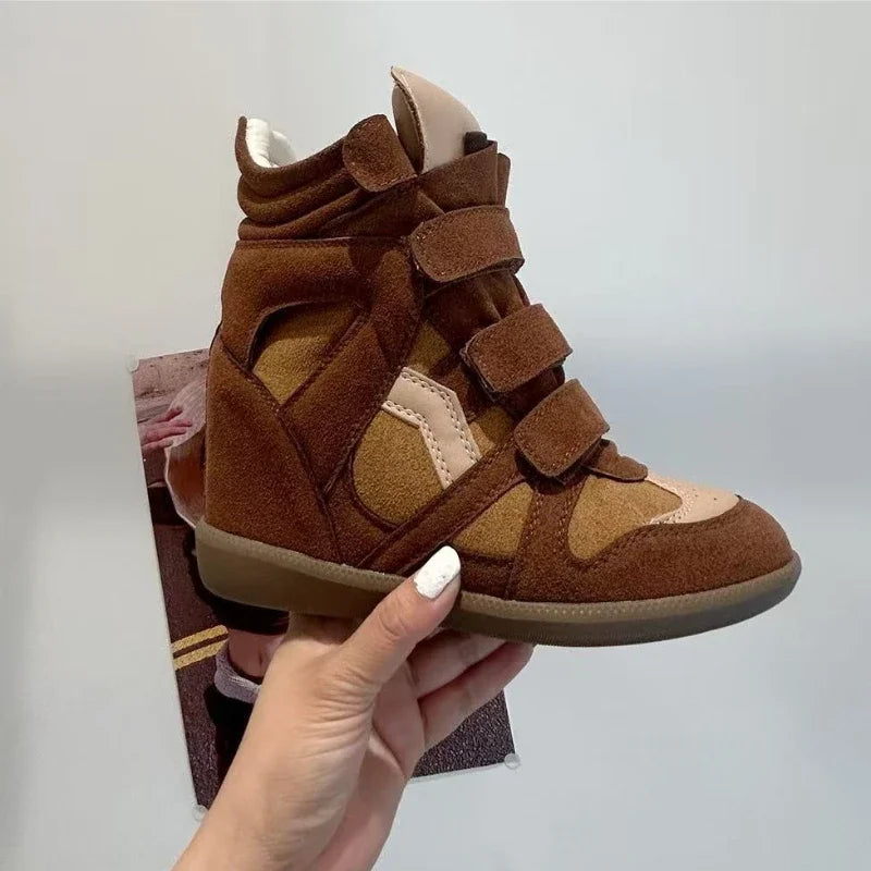 LEDP Women's Split Leather Ankle Boots 8CM Hidden Wedge