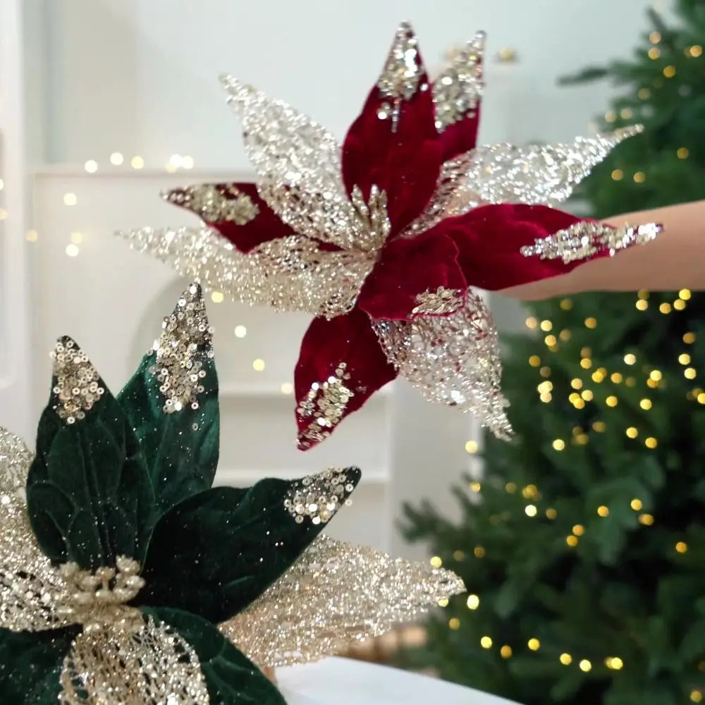 Glitter Christmas Artificial Flower 29cm – Flannel Fabric Xmas Decor