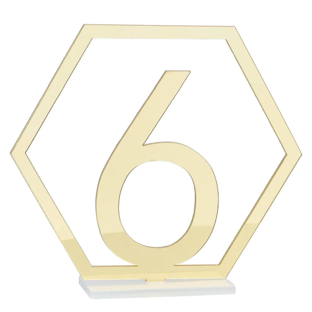 Hexagon Acrylic Table Numbers 1–15 with Stands | Dark Green Gold