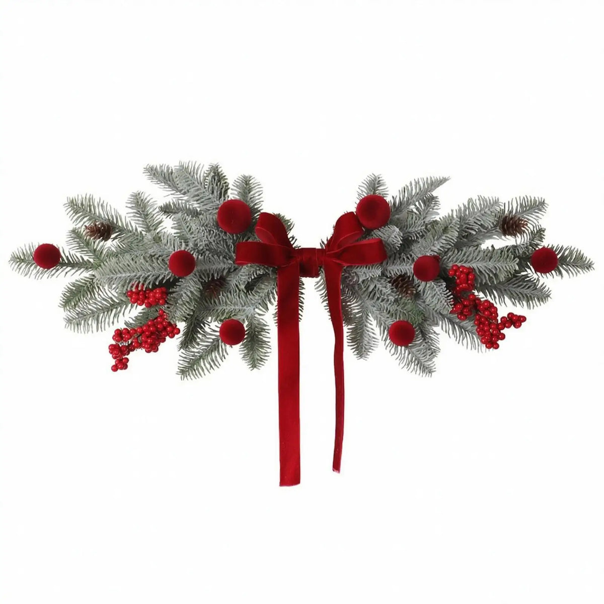 Christmas Wall Swag – Red Velvet Fir Garland with Ornaments