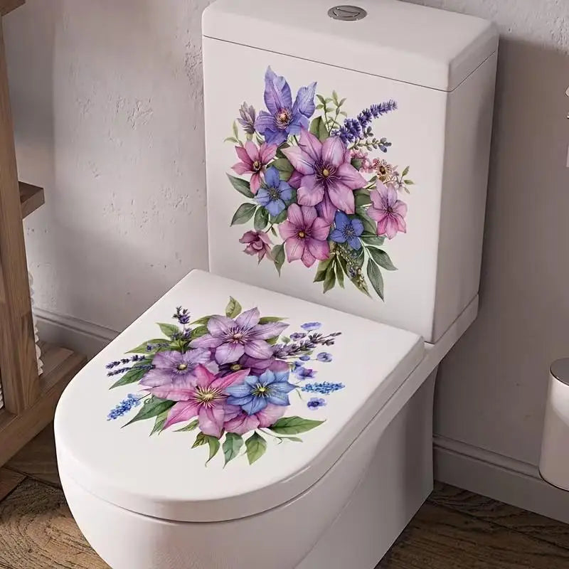 Floral Toilet Lid & Bathroom Wall Sticker – Waterproof PVC