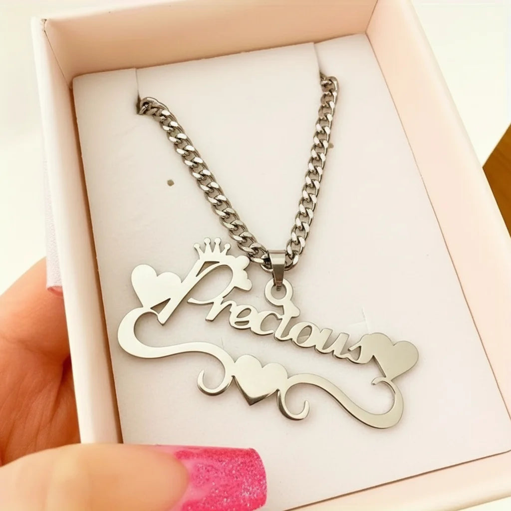 Custom Name Necklace Gold Plated – Heart Crown Pendant