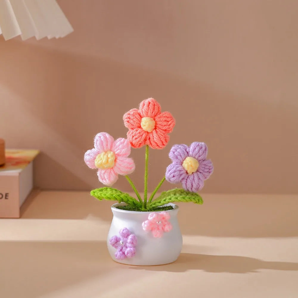 Mini Handmade Crochet Flower Pot – Sunflower & Tulip Décor