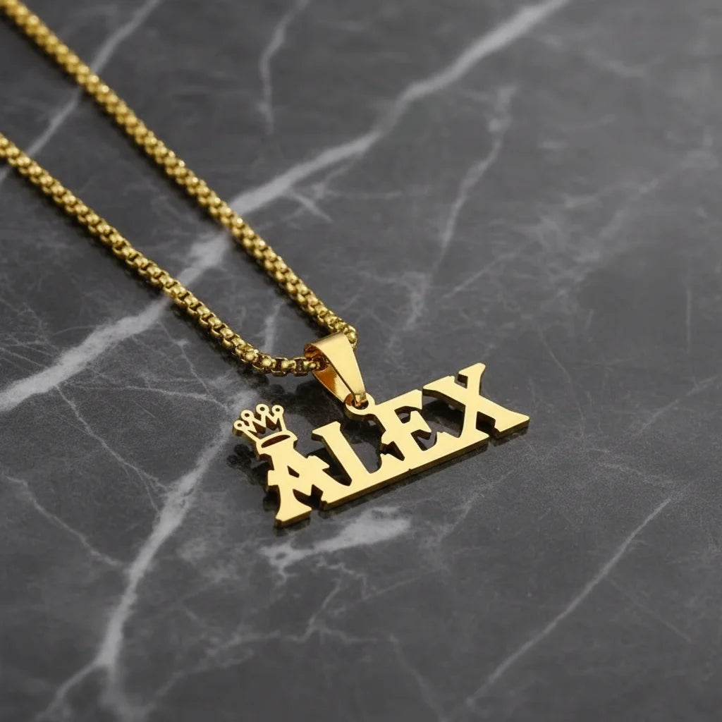 Custom Name Necklace 18K Gold Crown Pendant | Stainless Steel