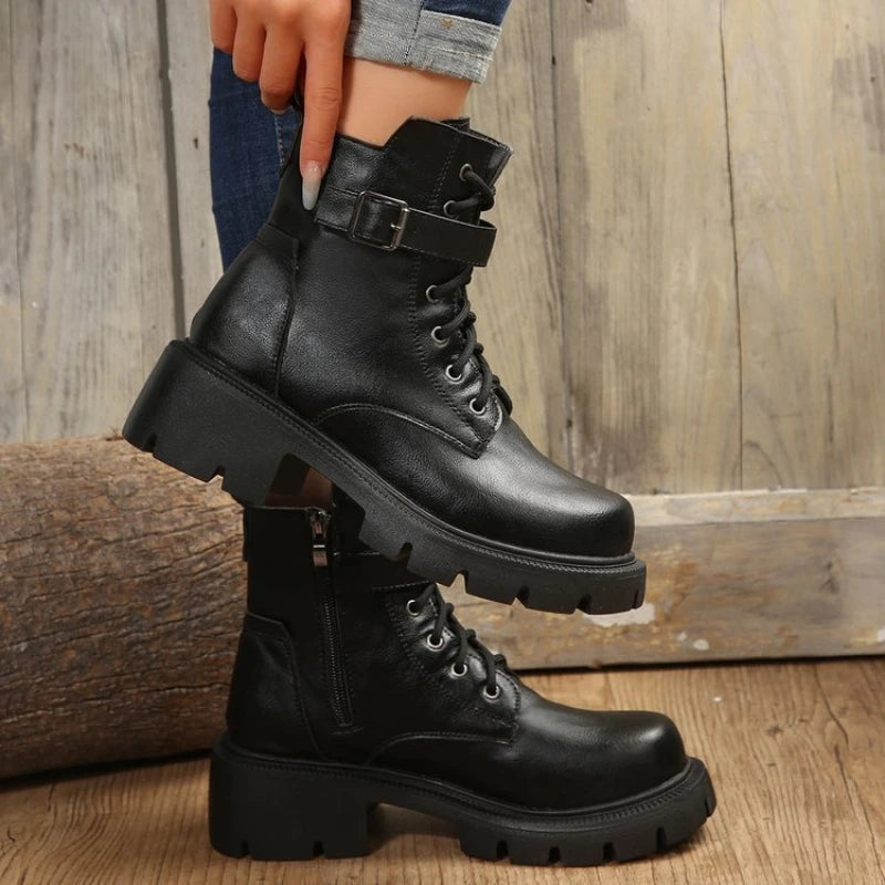 Women's Platform Ankle Boots – Punk Round Toe Motorcycle Style