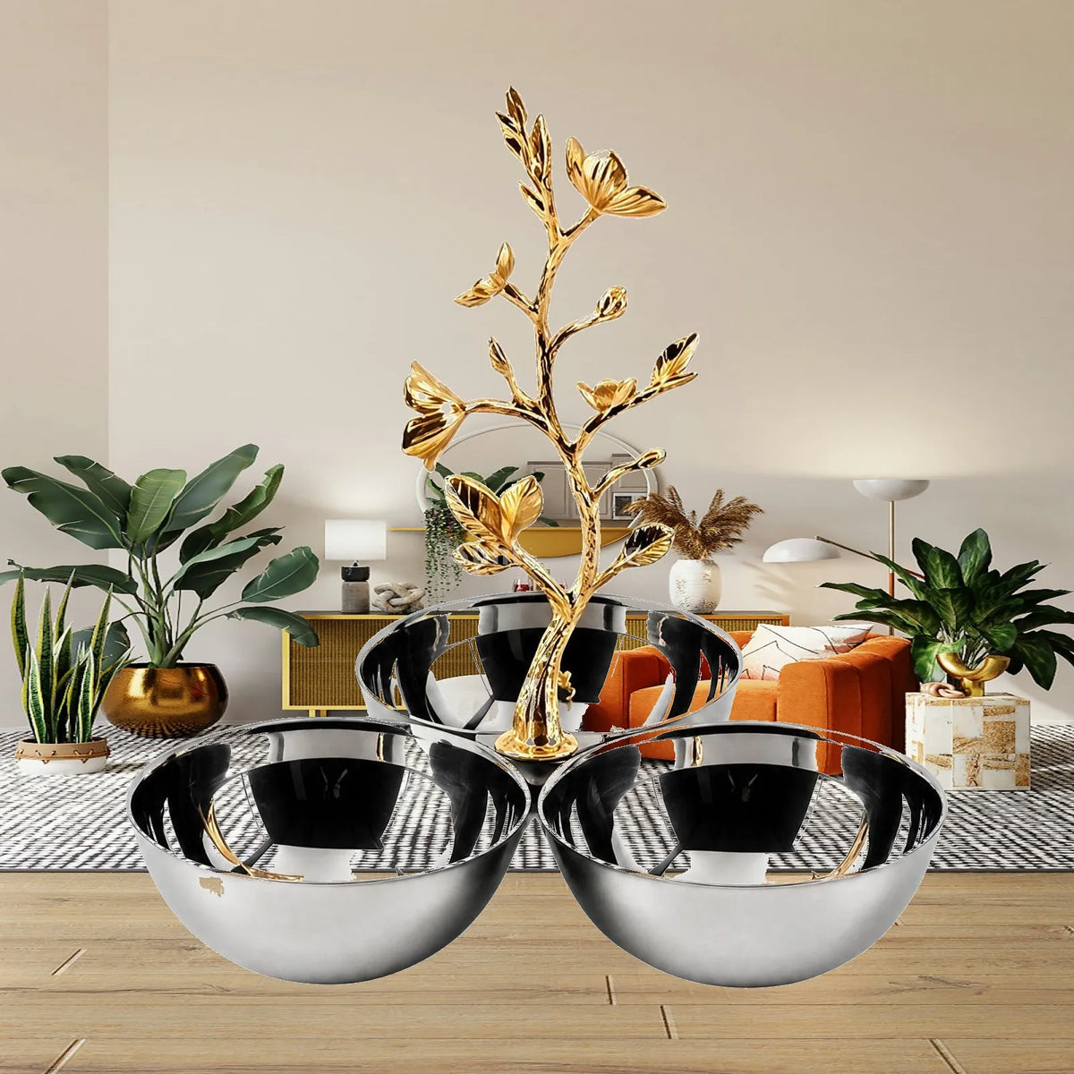 Stainless Steel 3-Bowl Fruit Tray | Gold Branch Centerpiece