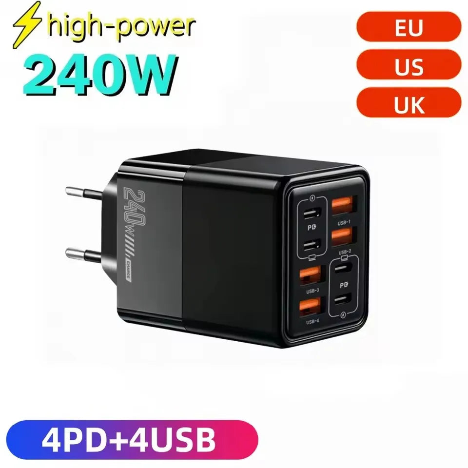 8-in-1 240W USB-C Fast Wall Charger | 4PD+4USB Multi-Port