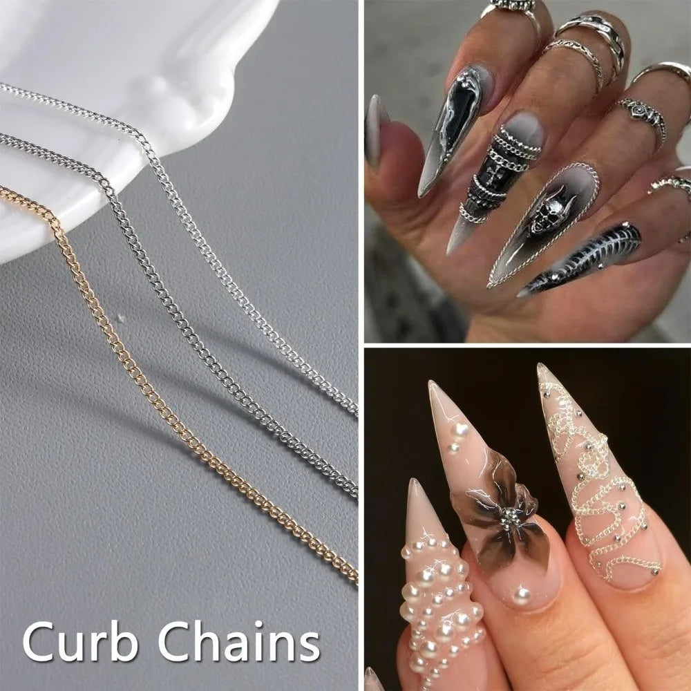 12-Grid Metal Nail Art Chains & Beads Set – Gold & Silver