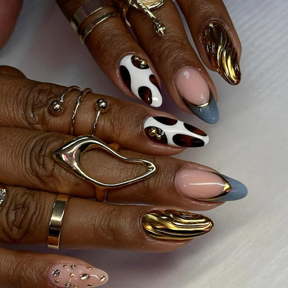24-Piece Almond Press On Nails – Misty Blue Floral French Style