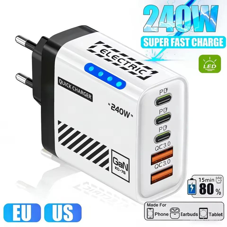 5-in-1 GaN 120W Fast Wall Charger – USB-C PD & USB-A