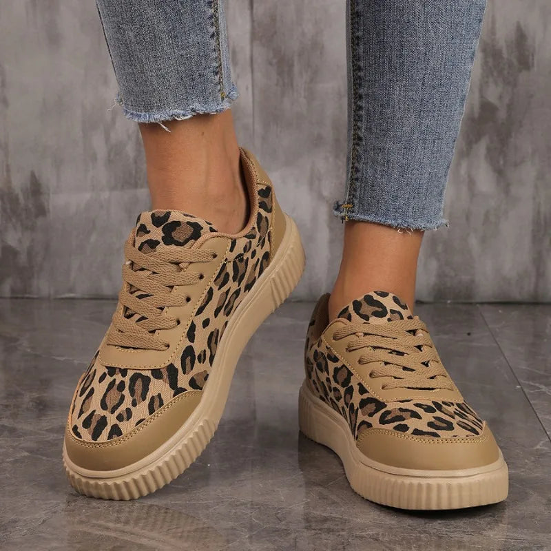 Women's Leopard Print Canvas Sneakers – Lace-Up Casual Shoes