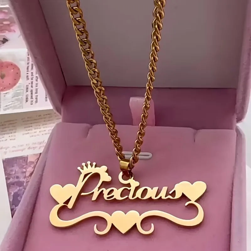 Custom Name Necklace Gold Plated – Heart Crown Pendant