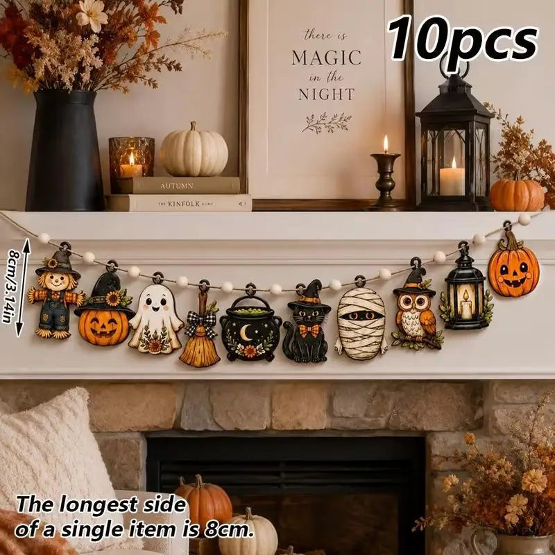 Vintage Halloween Wooden Bead Garland – Pumpkin Ghost Cat Banner