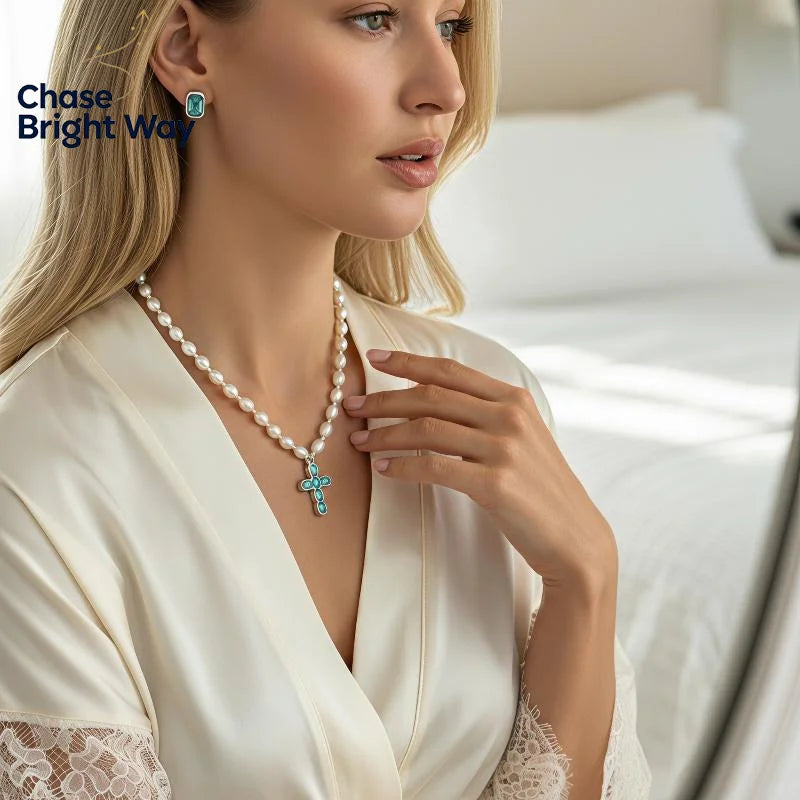 Diamond Cross Pendant Necklace – Faux Pearl Choker for Women