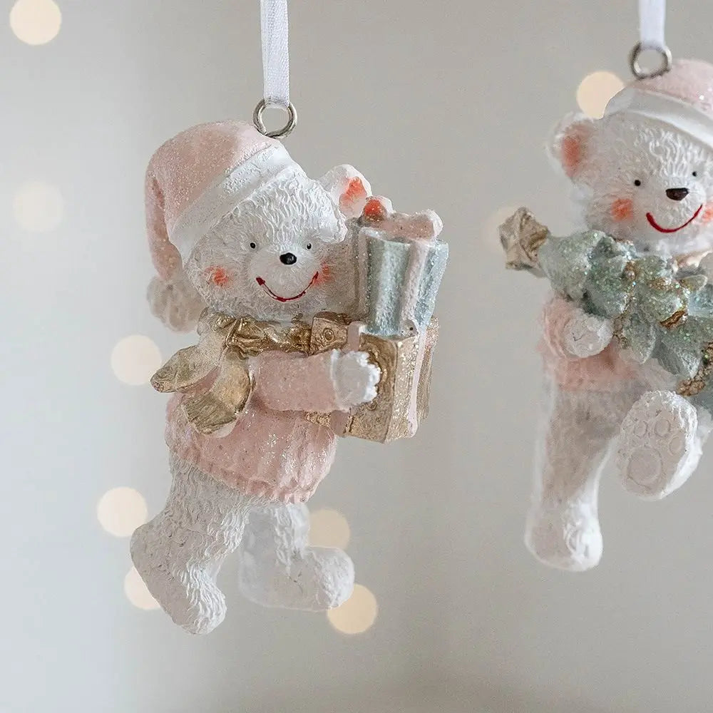Resin Bear Christmas Ornaments – Pink Couple Set of 2