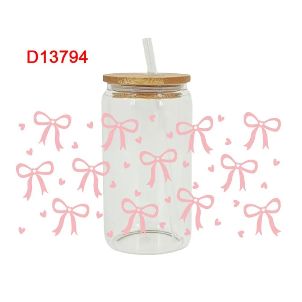 UV DTF Pink Bow Sticker – Waterproof Wrap for 16oz Glass Cups
